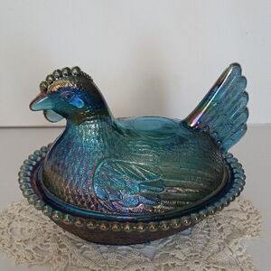 Vintage Indiana Glass Blue Carnival Hen on Nest Dish In Magnificent Condition